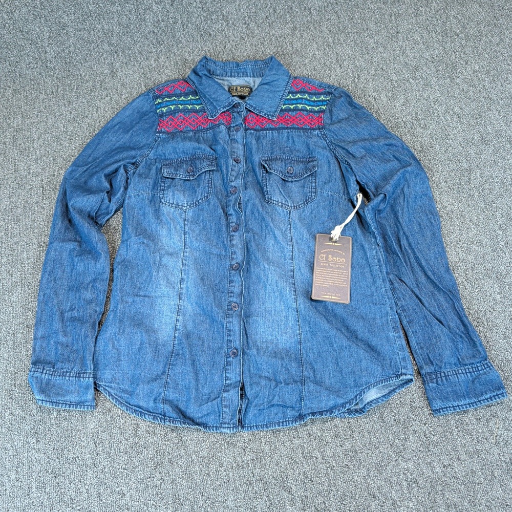 Ci Sono Womens Denim Shirt Size M Cotton Dark Wash Embroidered Y2K Western Boho